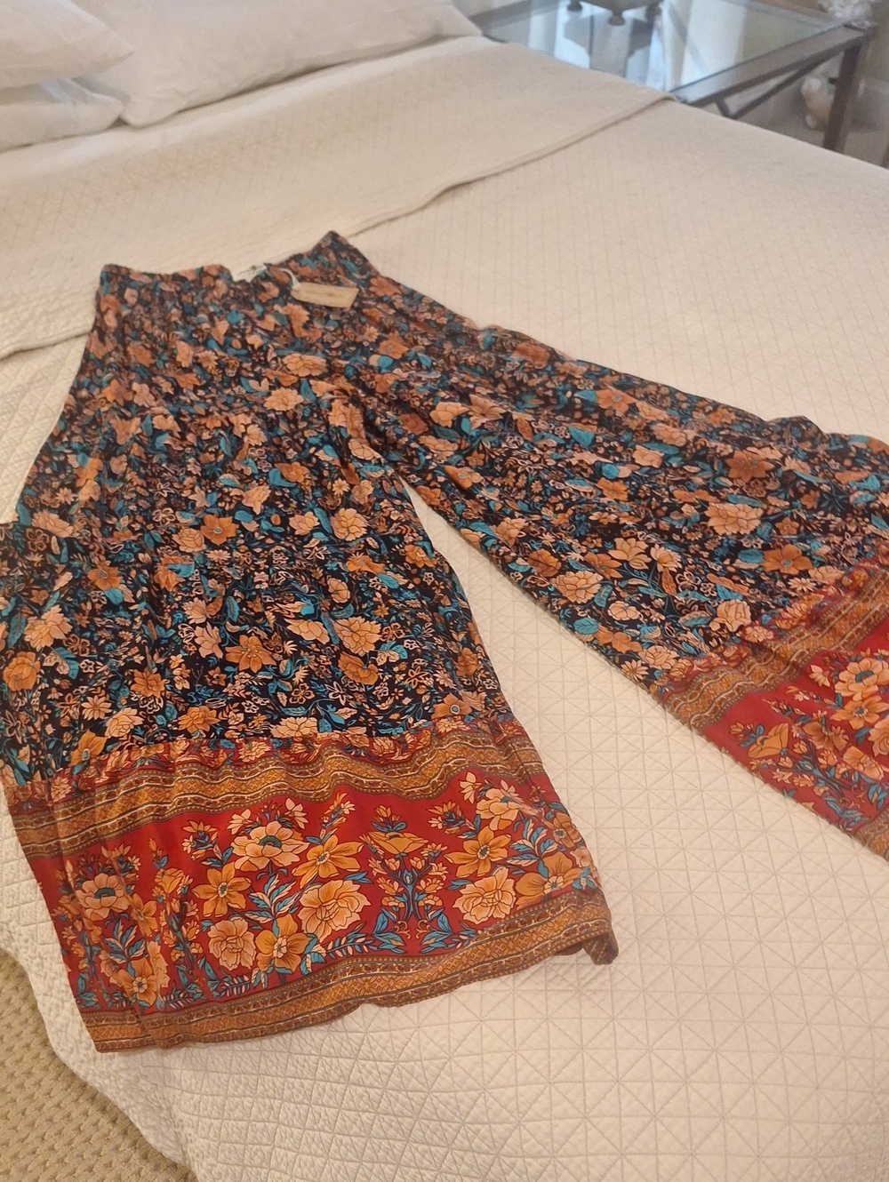 natural life Navy Floral full legged flounce leg pant w teal, paprika floral - Picture 3 of 7